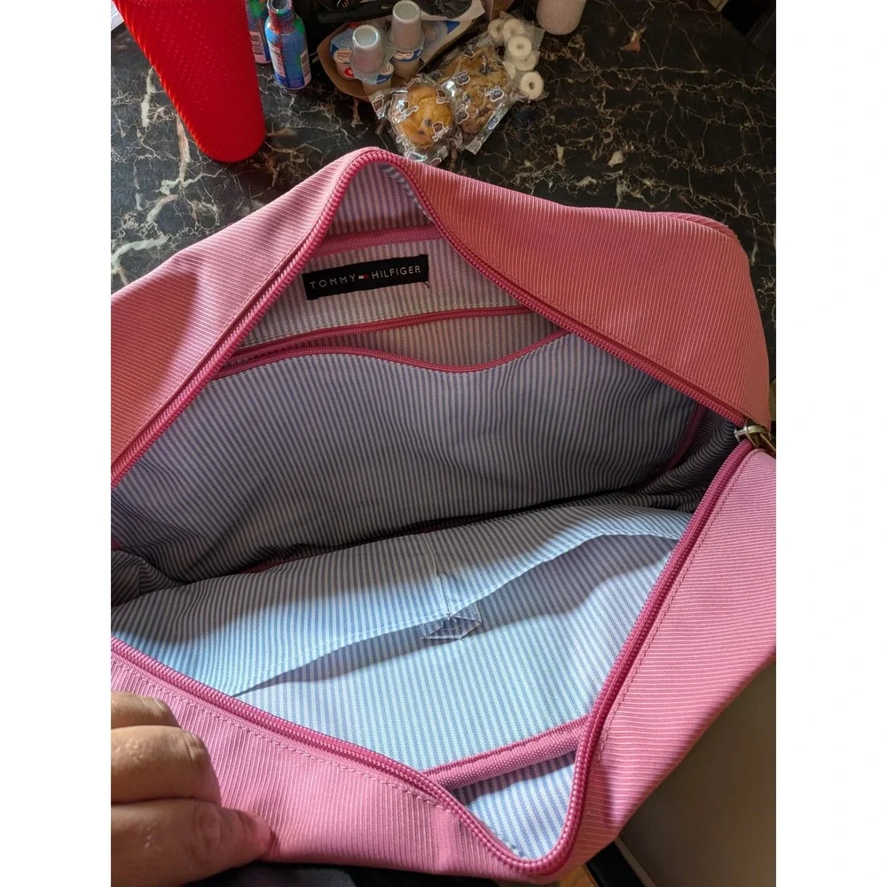 Tommy Hilfiger Pink Corduroy Laptop Bag Briefcase Green Stripe Preppy Travel Bag